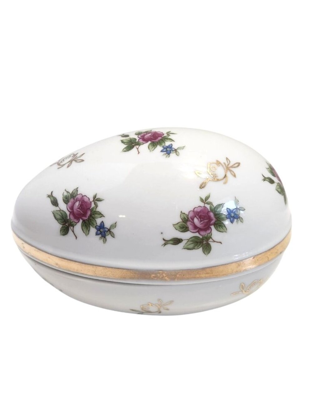 Hand-Painted Porcelain Egg-Shaped Trinket Box With Gold Accents & Floral Design